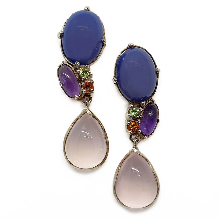 Silber-Ohrringe mit Rosenquarz, Achat, Amethyst, Zitrin und Perodot
