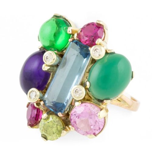 Goldring mit bunten Quarzen und Synthesen